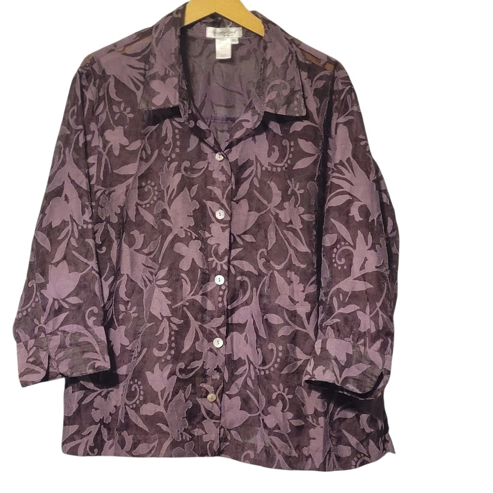 Purple Burnout Linen Floral Artsy Whimsigoth Button Up Top‎ XL Boxy Art to Wear